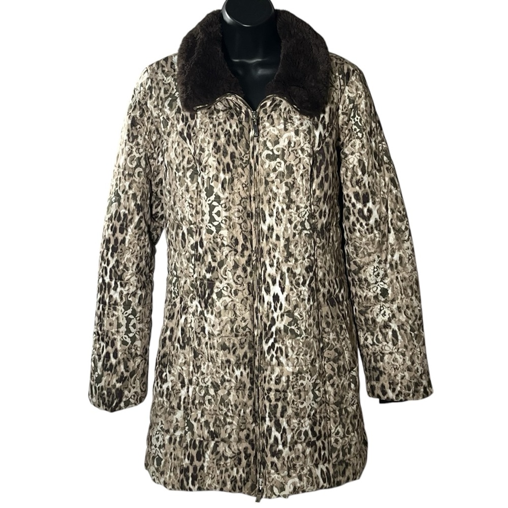 DENNIS BASSO Women's Trench Overcoat Leopard Faux Fur Collar Mid-Length  Small‎